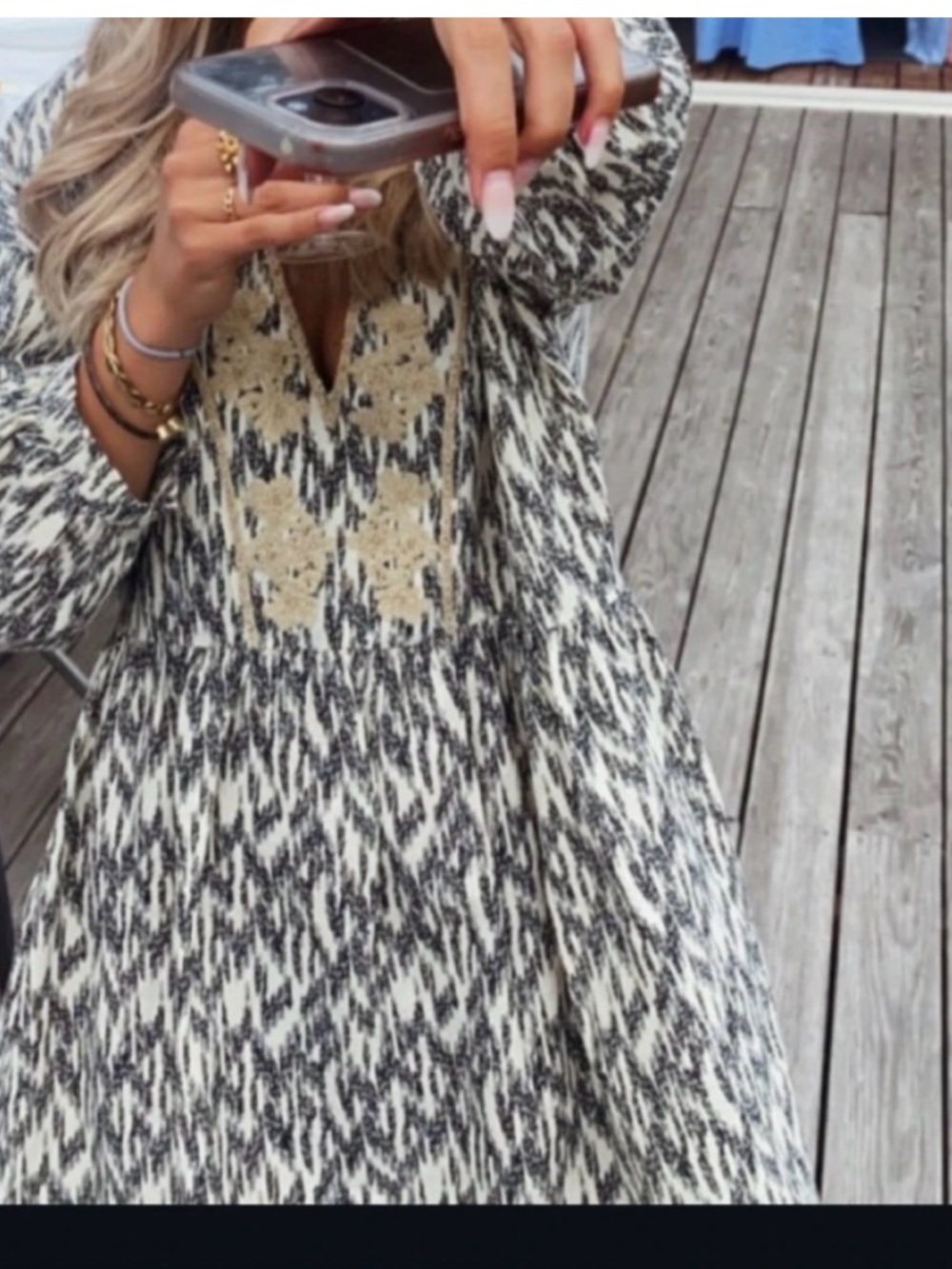 Zara Boho Embroidered V-Neck Dress in Cream & Black